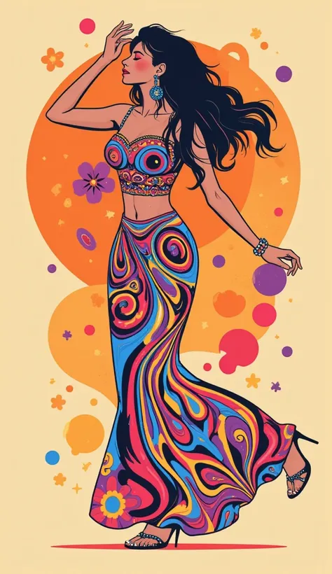 Create a vibrant 70s disco-inspired artwork featuring a feminine figure standing gracefully. The piece should embody groovy and trippy aesthetics, with hallucinatory, hypnotic patterns that evoke a sense of euphoria. Incorporate abstract, fluid shapes alon...