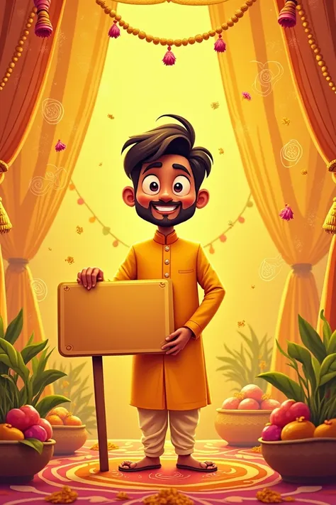 Haldi Decoration Background A cartoon groom wear yellow kurta and in pic having a stand board 

