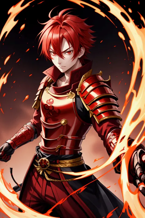 Anime guy, Red hair, Red eyes,  wearing red gold samurai armor