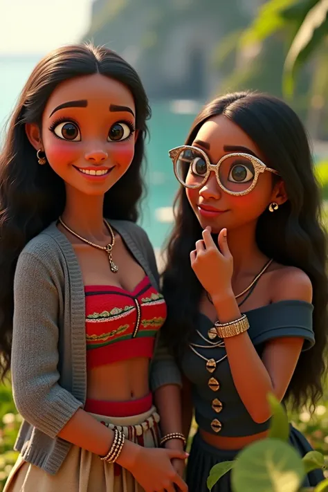       I want women to be from Moanas animation 
First person, a woman with long, dark hair appears, smiling while standing up .  She wears a gray knitted sweater and a blouse with a brightly colored floral pattern , 
 The second person has an appreciation ...