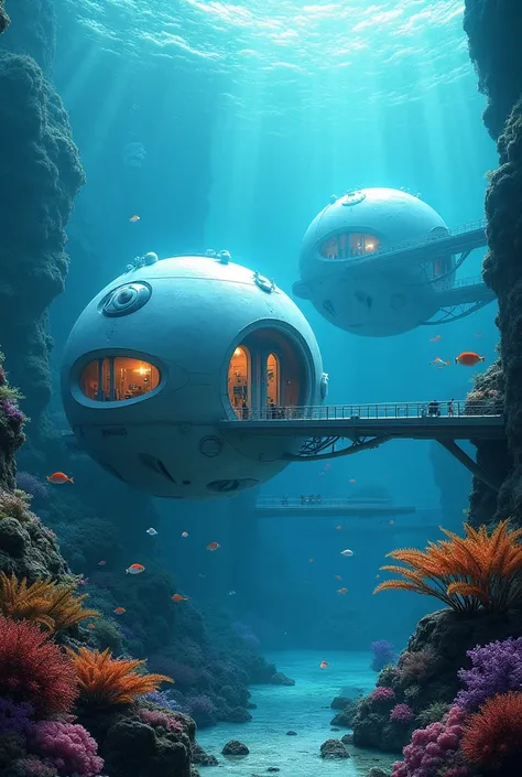 A concept art of a human underwater colony with large, spherical structures for living spaces, connected by tunnels. The colony is submerged in deep blue water, surrounded by schools of fish and coral reefs. The atmosphere is serene, and the colony feature...