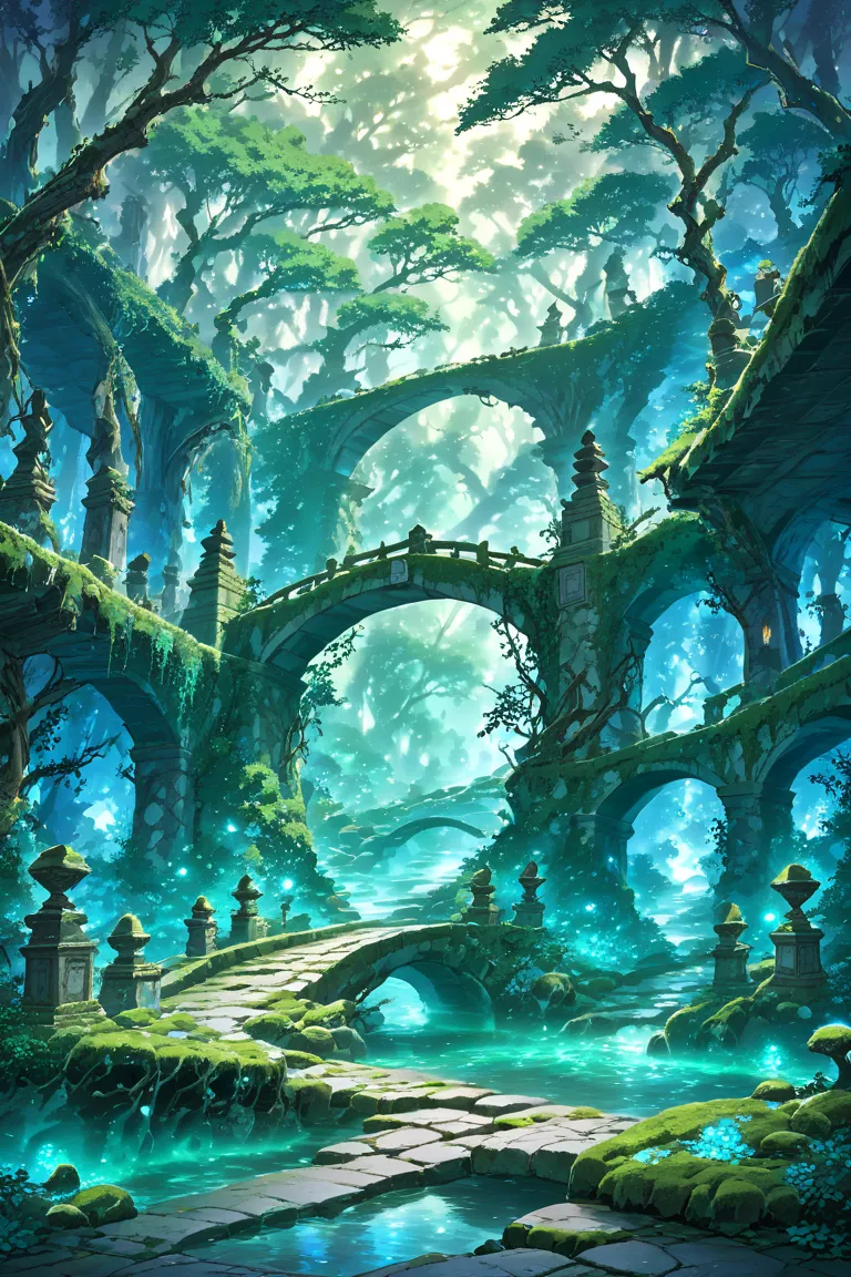 a mystical forest setting: ancient stone bridge spanning a chasm filled with swirling (green fog:1.4) twisted tree roots graspin...