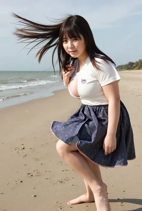 Angle shot from below、 forward leaning position、 open shirt 、 no underwear、Skirts roll up in strong winds、 one girl 、Japanese Uniform、barefoot、 beach 、smile