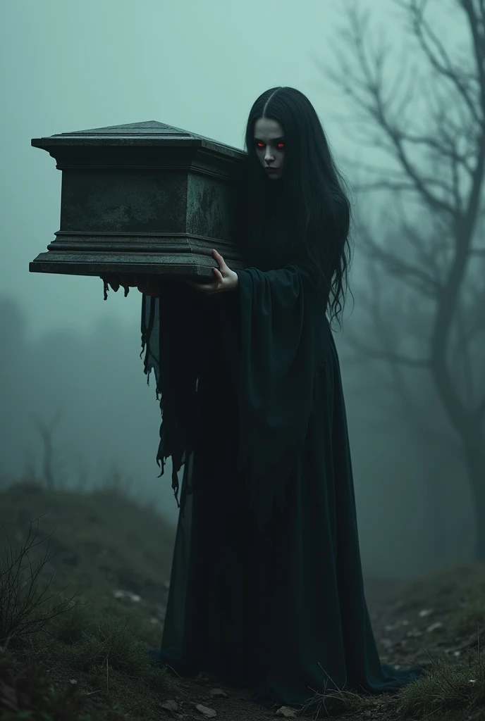 Make an image of a woman with red eyes picking up the casket in the 1280x720 size