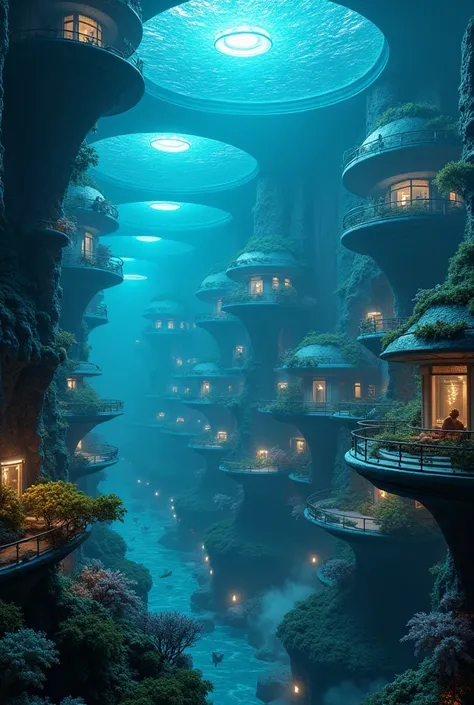 A futuristic underwater city glowing at night with bioluminescent lights, neon signs, and advanced architecture. The city is surrounded by dark blue water, with sea creatures glowing in the distance. The atmosphere is peaceful, with soft lighting illuminat...