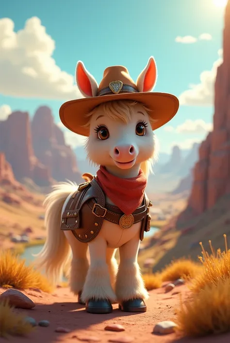 Create a super realistic image of a super cute little horse wearing Cowboy clothes in a very interesting landscape with several things