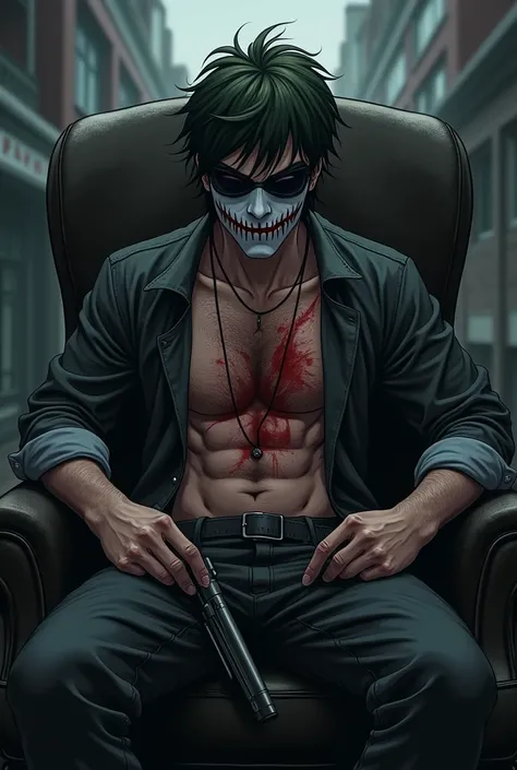 A boy 15 to  old with gangster type heavy background and sitting in a chair with gangster type heavy gun and heavy hair and a face joker type face mask and gym type body and a fighting background and and blood chest anime image 