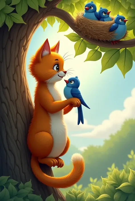 El Gato the cat gently holding the small bluebird in his paws, climbing a tree with lush green leaves. The background features a sunny sky and a nest perched on a branch, filled with other baby birds eagerly waiting.