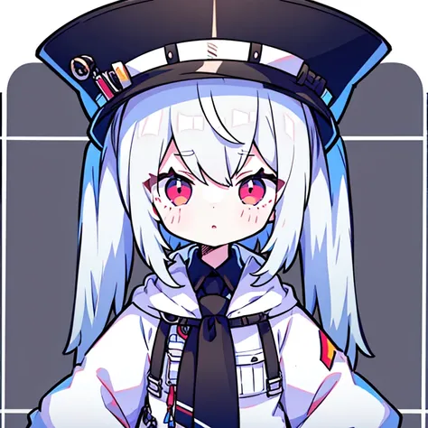 Long Hair,  braided , Gray Hair,  No Emotion, white military hat , Red eyes,  white shirt, black tie,white short hoodie,  1 girl, 