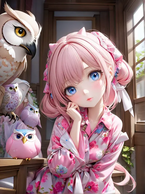 (masterpiece,  best quality: 1.2),Barbie Doll, ，Beautiful eyes,， （（Silk pajamas）） Im mad at （8k）（ high definition ） owl under guard，