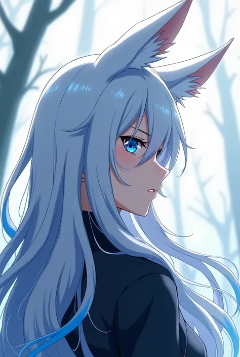 Anime woman , with white hair with blue highlights, blue eyes ,With fox ears ,Long hair,Cold face,Turn sideways, style anime bocchi in the rock 