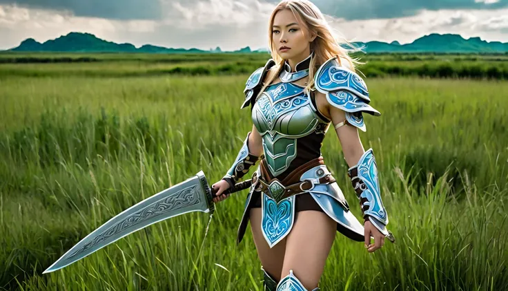 "A strong, busty female warrior stands confidently in a green grassland landscape under a blue sky and white clouds that resembles a fantasy world. She has long, flowing blonde hair and is wearing a detailed, minimalist fantasy-style lingerie armor set wit...