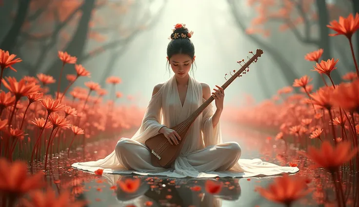 Guzheng beauty plays guzheng in a world surrounded by spider lilies