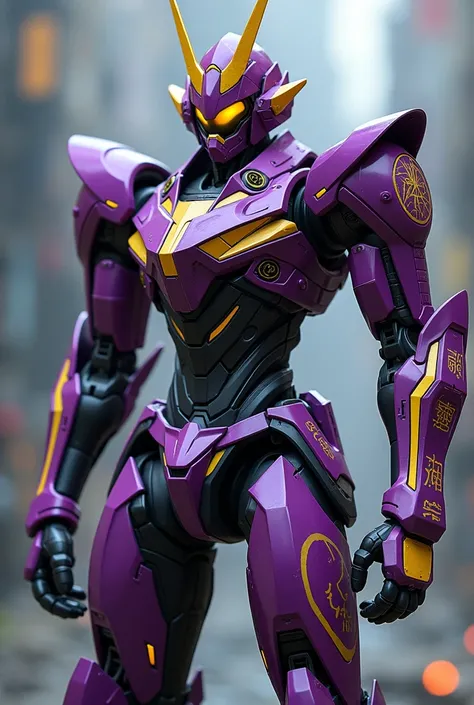  fighting robot has a futuristic and imposing design . Its body is metallic , with a purple base with yellow details with small Japanese writing drawn on its arms with a head imitating a samurai head with yellow lights