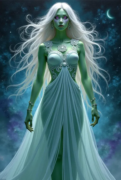 In an ethereal gouache painting, a mesmerizing Venusian figure stands tall, exuding an aura of otherworldly beauty. The image captures a graceful being with shimmering emerald skin, flowing silver hair, and piercing amethyst eyes that seem to glow with an ...