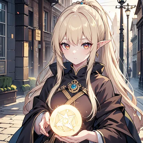 Eye patch、Witch costume、elf、grimoire、magic circle、A look that seems to be relaxed、Long Hair,  Blonde, ponytail, Pointy Ears, Highest quality, One Woman, Detailed face, Soft Lighting, Soft Light, Soft Focus, Perfect Face, Beautiful and accurate anatomy, Exp...