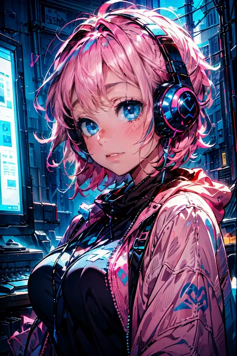 1Woman,(((pink short hair,blue eyes))),big breast,cleavage,using computer with big screen,
((Wearing cool headphones)),{{{{{{{{ Black Parker Oversize }}}}}}}},Thinking,Black clothes,