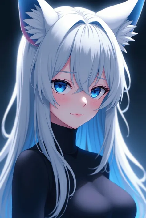 Anime woman , with white hair with blue highlights, blue eyes ,With fox ears ,Long hair,Cold face,Turn sideways, character anime bocchi in the rock 