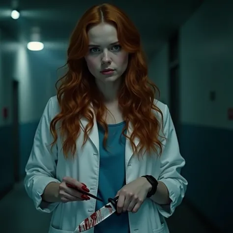  A young redheaded girl with long hair , wavy hair, (Face actress Madelaine Petsch )), wearing a medical lab coat ,  forensic laboratory with Blurred Scene , At night,  dark lighting .  real 8K quality photo , realistic,  holding a knife with blood drippin...