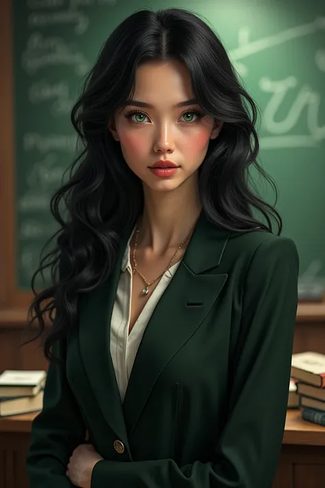 A female teacher with black hair with cirals at the end with emerald green eyes 