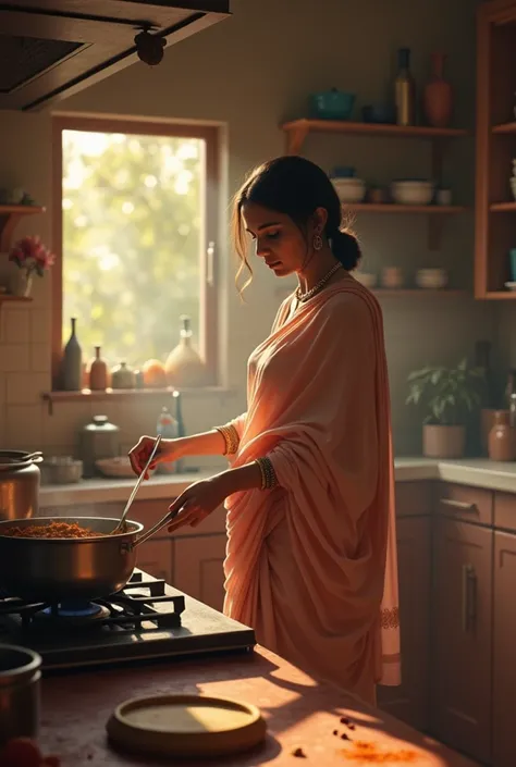 A cozy kitchen with traditional Indian utensils and aromatic spices scattered around. Shrileela (a beautiful matured girl) is seen standing at a stove, stirring a pot with a focused but calm expression. She is wearing a soft pastel-colored saree, her hair ...