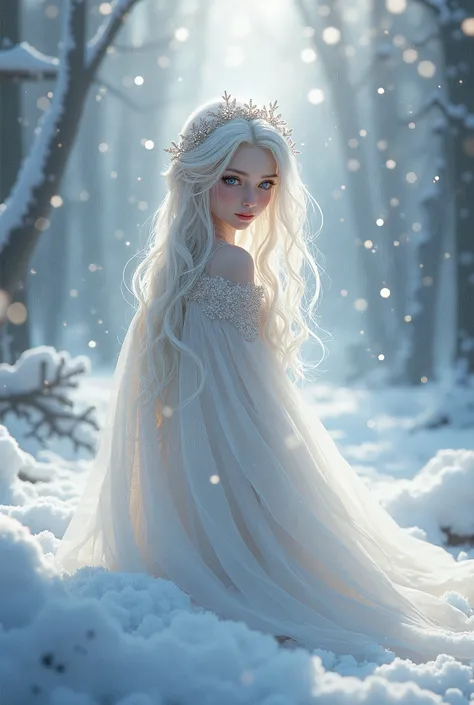 Very cute characters by nicoletta ceccoli and Jean-Baptiste Monge, Very beautiful snow white, Lovely, Silvery snowflakes and Particles, Reflections in the sunlight, Overall white tones with light pastel colors and pastel Tone, Mysterious Snow World, Bokeh,...