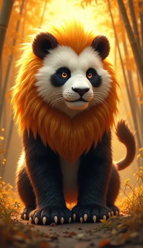 "Create a hybrid that blends the gentle charm of a panda with the regal strength of a lion. This creature has the fluffy, black-and-white body of a panda, but with a luxurious golden mane framing its head. Its face combines the panda’s round, expressive ey...