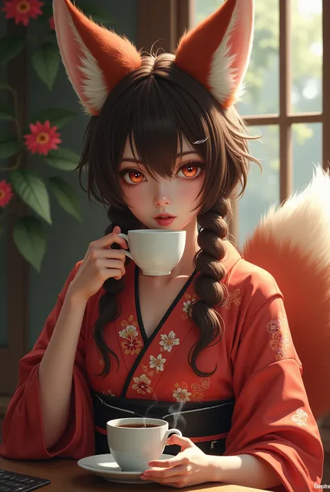 An angry but very beautiful brunette fox girl in a kimono drinks coffee 