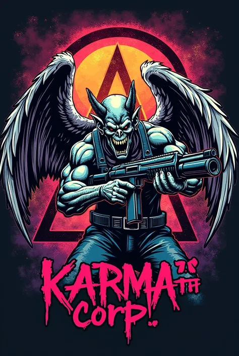 Patch airsoft avec en fond pentacle inversé très coloré avec gargouille tenant une grosse mitrailleuse avec inscription graffiti "Karma Corp." 