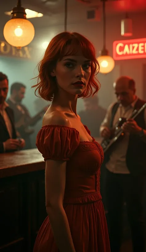 "A beautiful 22-year-old Polish woman with auburn hair and pale skin, standing in an underground jazz bar. Her eyes are bold and glazed, reflecting the effects of strong spirits and the smoky, dim-lit atmosphere. She’s wearing a vintage dress, her bold sta...