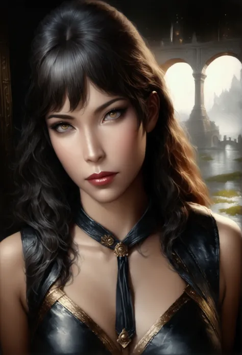 A woman, beautiful detailed eyes, beautiful detailed lips, extremely detailed eyes and face, long eyelashes, cute, sexy adventurer outfit, awestruck, staring at ancestor spirits, ancient bridge, fog, (best quality, 4k, 8k, highres, masterpiece:1.2), ultra-...