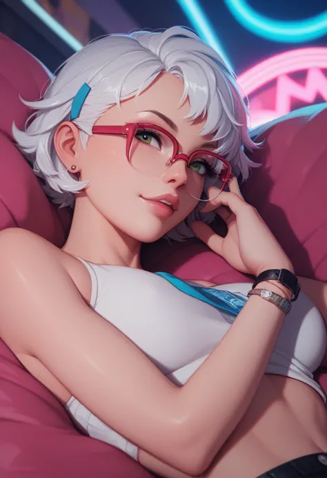 neon,  short white hair, glasses, seductive, lying down