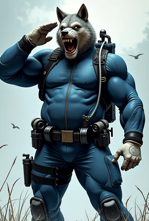 (A rugged beefy very muscular bulky chubby angry old man), (wearing blue zipper wetsuit), (wearing realistic roaring wolf mask), saluting, wearing bulky scuba gear, wearing rebreather, muscular physique, toned muscles, fierce, heroic, action, comic artstyl...