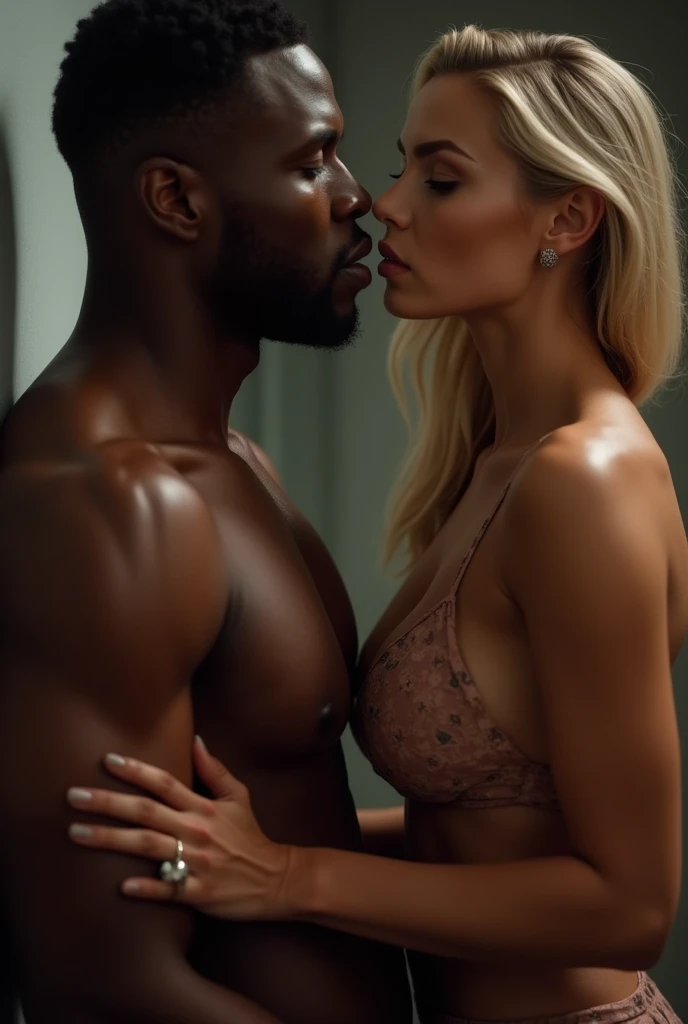 A young beautiful blonde European woman looks on lustily at an African hunk. She bites her lips and holds her groin as she feels herself become wet in his presence. She is thirsty for him and he hasnt noticed her as yet