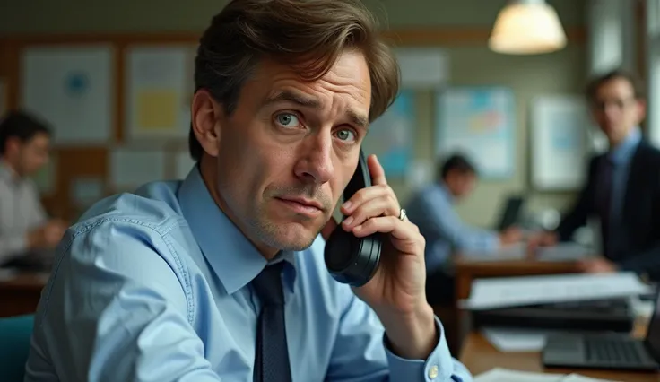 A close-up half-body shot of Bob Woodward, a white male in his early 30s with short brown hair, wearing a light blue dress shirt and dark tie, sitting at his desk, answering a phone with a serious and slightly bewildered expression. The background shows a ...