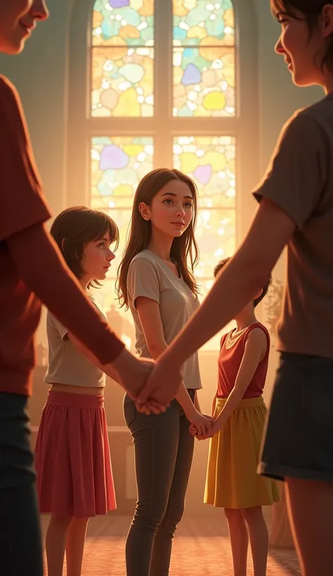 Larissa holding hands with new friends in the church, surrounded by smiles and soft light coming through the stained glass windows.