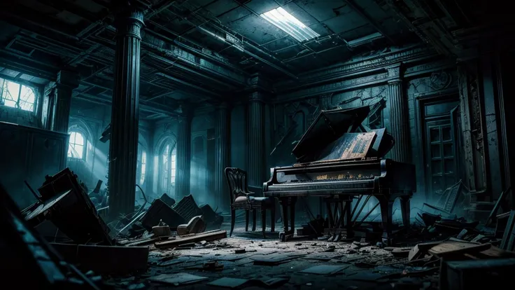 apocalyptic abandoned space, abandoned battered piano, broken, rubble, echo, spooky, gripping, fog, mysterious, night, ray tracing, dark cinematic blue lighting, depth of field, wide shot, 8k, 4K, high resolution, top quality, award winning, super detailed...