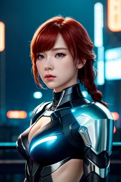  portrait、 upper body、 ONE CYBORG GIRL、 beautiful well-groomed face、Super cute、Well-balanced face、 Teal Eyelids、 red hair、 braided 、 white skin、( slender body )、Petite body、 Toughened Abs、muscle、 cleavage、 small breasts、MECHANICAL ARMOR 、Illumination、chrom...