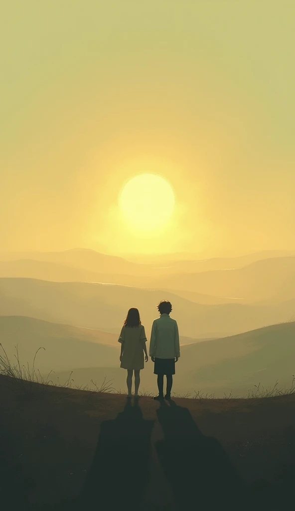 A serene landscape of two figures standing far apart, separated by a glowing horizon, with warm, nostalgic colors symbolizing distance and emotions.