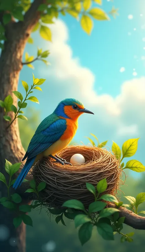 A colorful scene of a bird building a nest with twigs and leaves under a radiant sky, symbolizing patience and effort