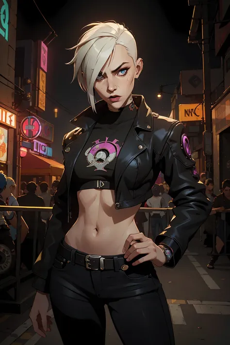 (Masterpiece:1.2, Best quality, cyberpunk), (real photo, Intricate details), (1lady, solo, Slender body, small breast,)，old face  Experiment with appearance：Shave your head or white short hair color，Babershop hair, Slender, figure, Slender Legs, Top-model ...