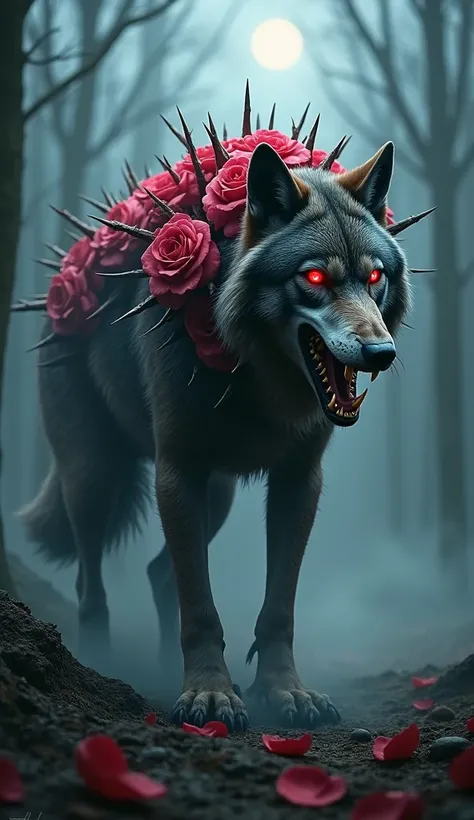 "A hyper-realistic hybrid of a wolf and a rose, featuring a ferocious wolf with its body seamlessly merged with vivid rose petals that replace parts of its fur. Sharp, thorn-like protrusions extend from its spine and limbs, while its eyes glow an unnatural...