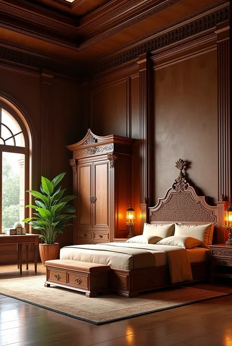 a javanese theme big room with a king size bed from wood, a big wardrobe from wood beside the window , infront of bed is a work table and vanity table and a plant in village