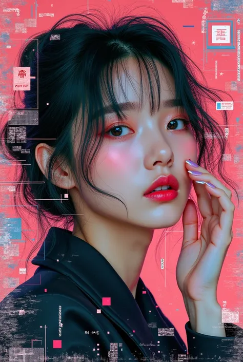 (magazine cover:1.3),ulzzang-6500, (actual: 1.3) (The original: 1.2), masterpiece, best quality, beautiful clean face, whole body, 1 girl, glitch art, (digital distortion), pixelated clip, Data corruption,color noise, visual clutter,contemporary aesthetics