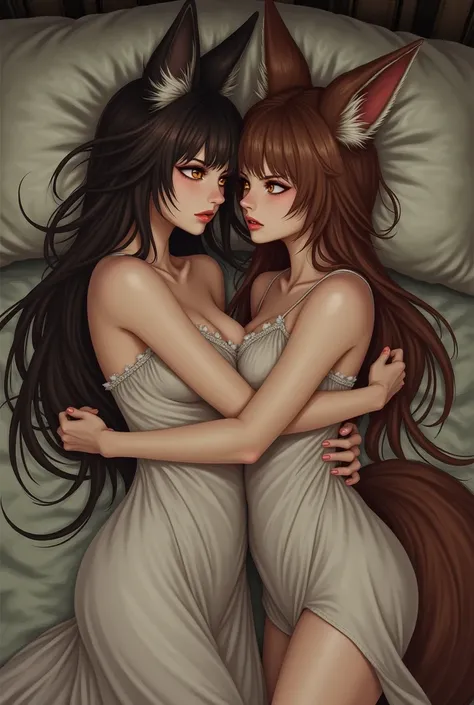 Two angry but very beautiful brunette asian fox girls wake up in bed and one of them hugs the other