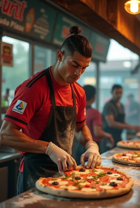 Generate a hyper realistic image of Cristiano rolando who is making pizza at buger stall
