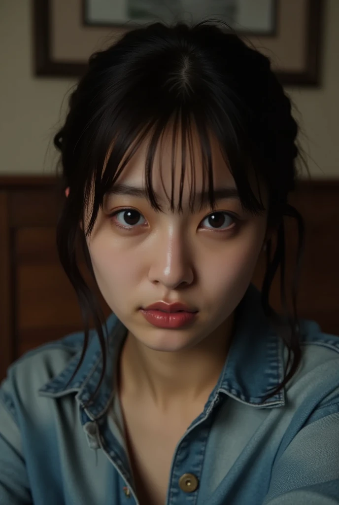 RAW photo, (close up), cinematic film still portrait of an Asian woman, 28 years old, with messy black hair, (deeply psychological portrait), in a dimly lit bedroom, she looks at the viewer with a sweet face, pleading to be brought to orgasm. She looks at ...