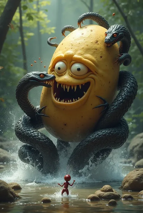 The monster potato fight with black snake in the water and the the ant is looking them and get scared 