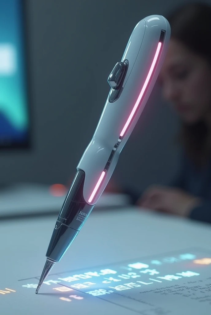 A futuristic pen for education that can scan words and identify colors for colorblind with a holographic panel that shows the origin, deifintion of the word, and the name of colors