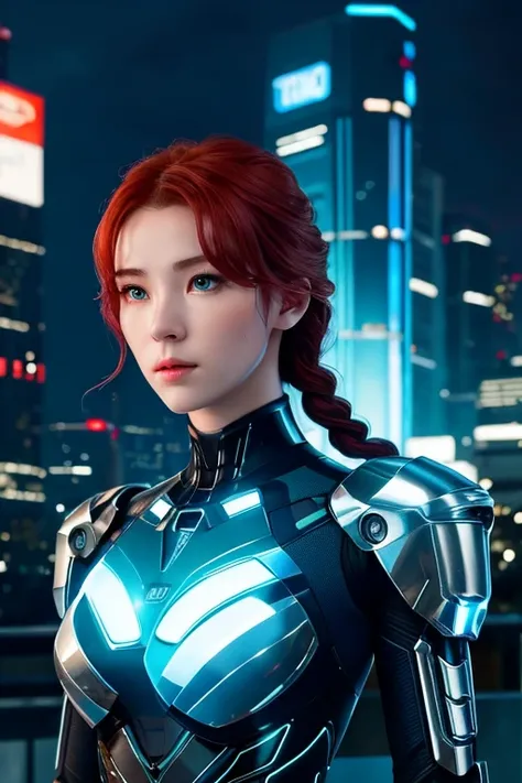  portrait、 upper body、 ONE CYBORG GIRL、 beautiful well-groomed face、Super cute、Well-balanced face、 Teal Eyelids、 red hair、 braided 、 white skin、( slender body )、Petite body、 Toughened Abs、muscle、 cleavage、 small breasts、MECHANICAL ARMOR 、Clear chest parts、...